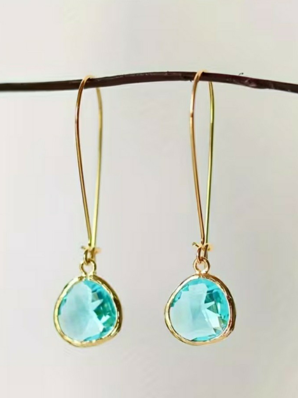 Gold Drop Earrings with Blue Crystal Dangles